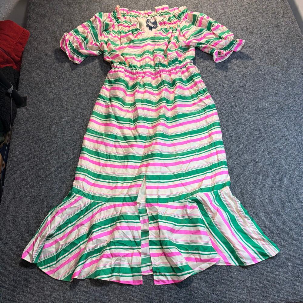 J. Crew Womens 6 Silk Twill Ruffleneck Pink Green Striped Midi Dress Pocket